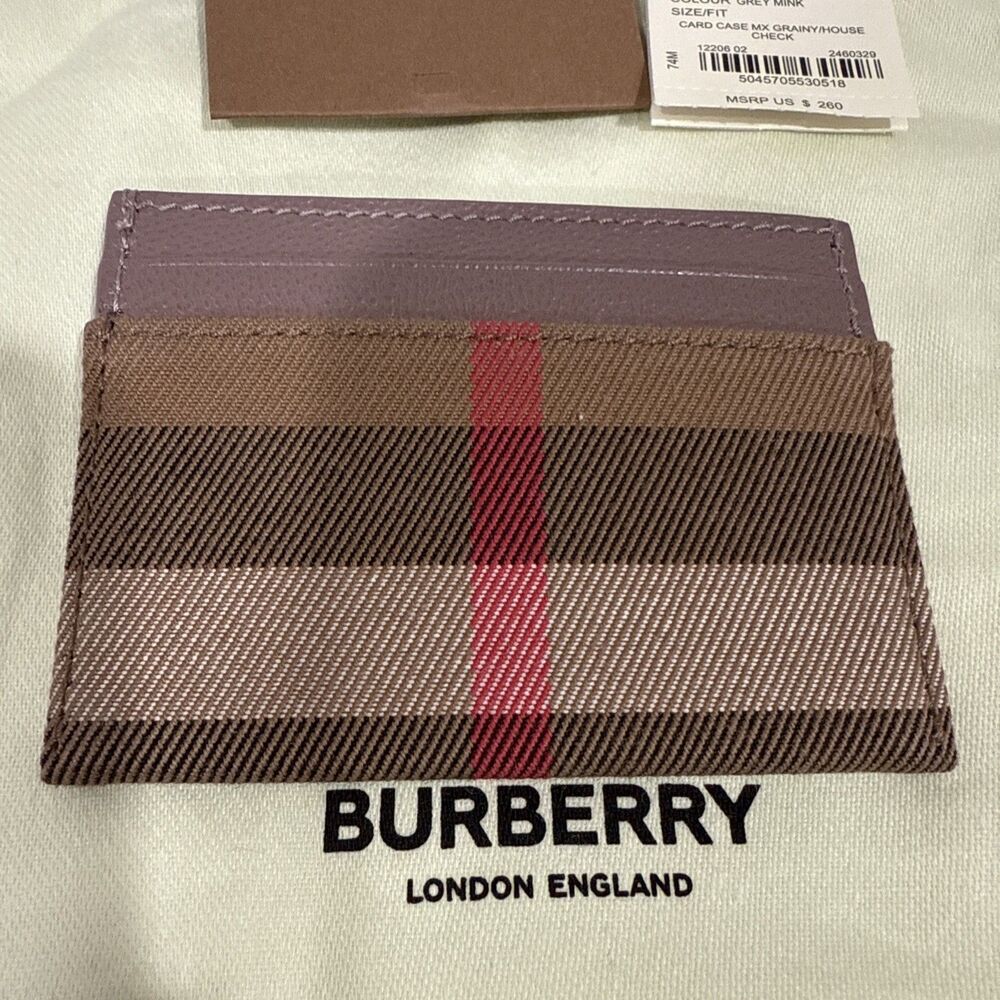 Burberry Sandon Vintage Check Grey Mink Leather Card Case NWT $260 With Dust Bag